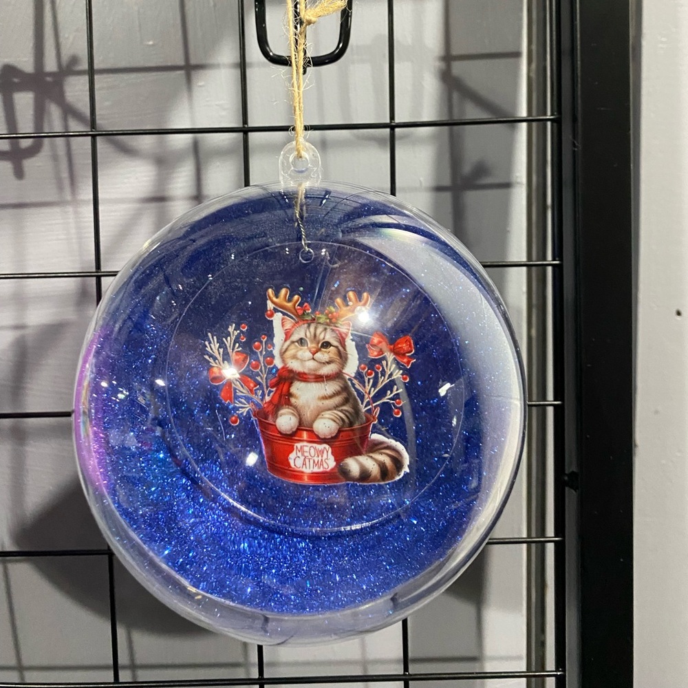Festive Cat Ornament with Blue Glitter